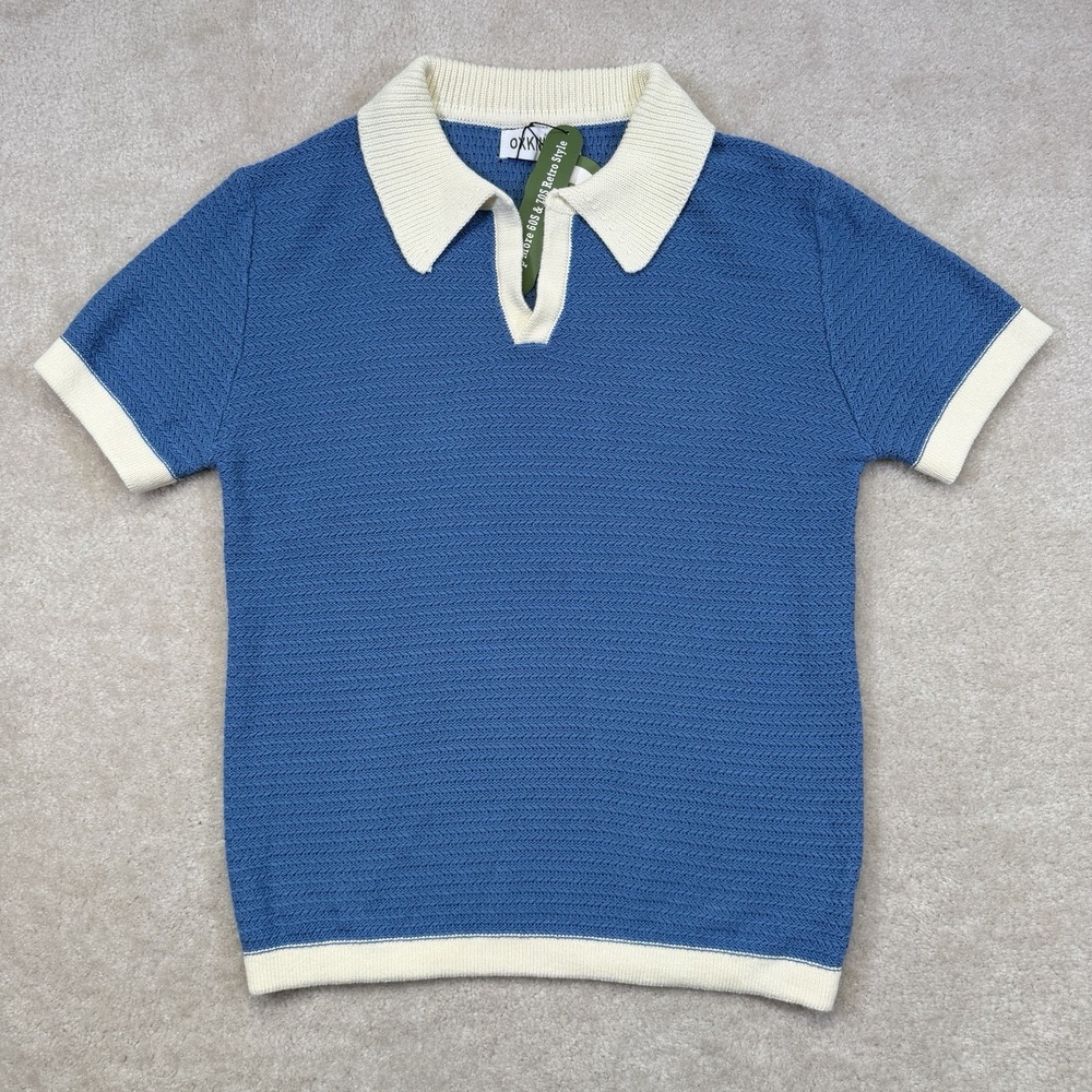 NWT OXKNIT Polo Sweater Mens M Blue 70's Retro Hippie Short Sleeve Pullover